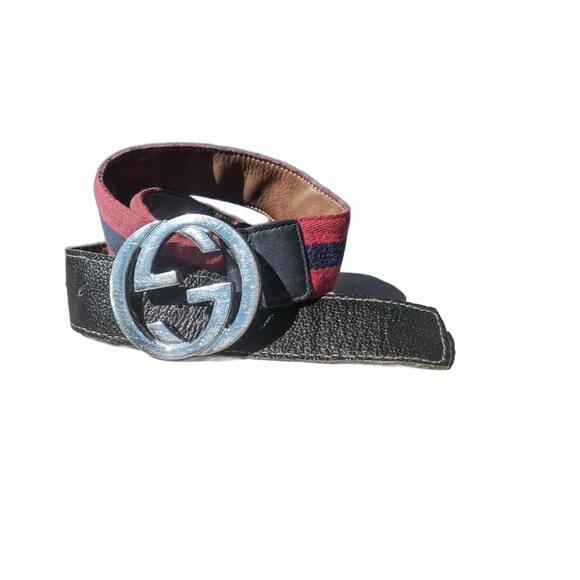 Y2K Gucci Red &Blue Stripe Canvas Belt w/Leather Trim & Silver GG Buckle 32–38” main image 4